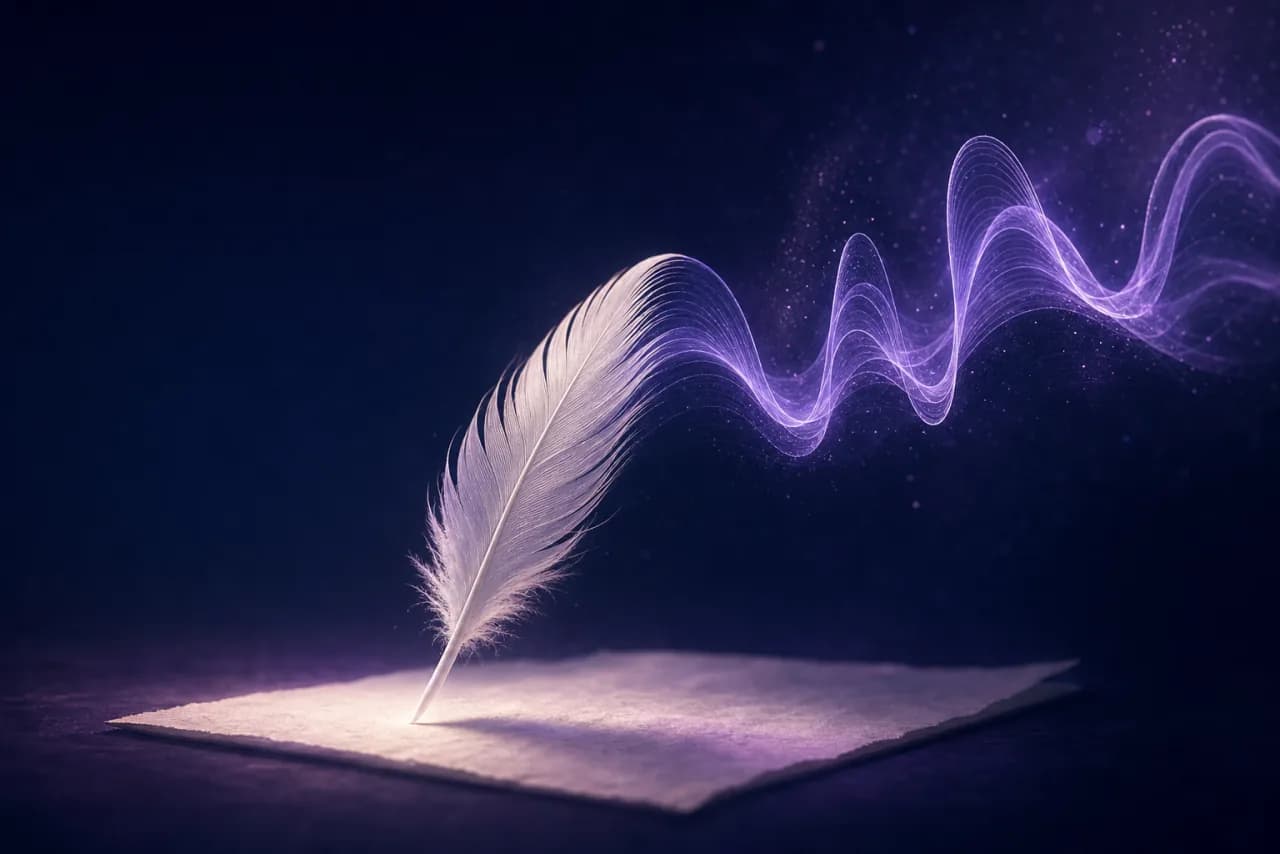 A feather transforming into a violet voice wave, representing human expression guiding AI